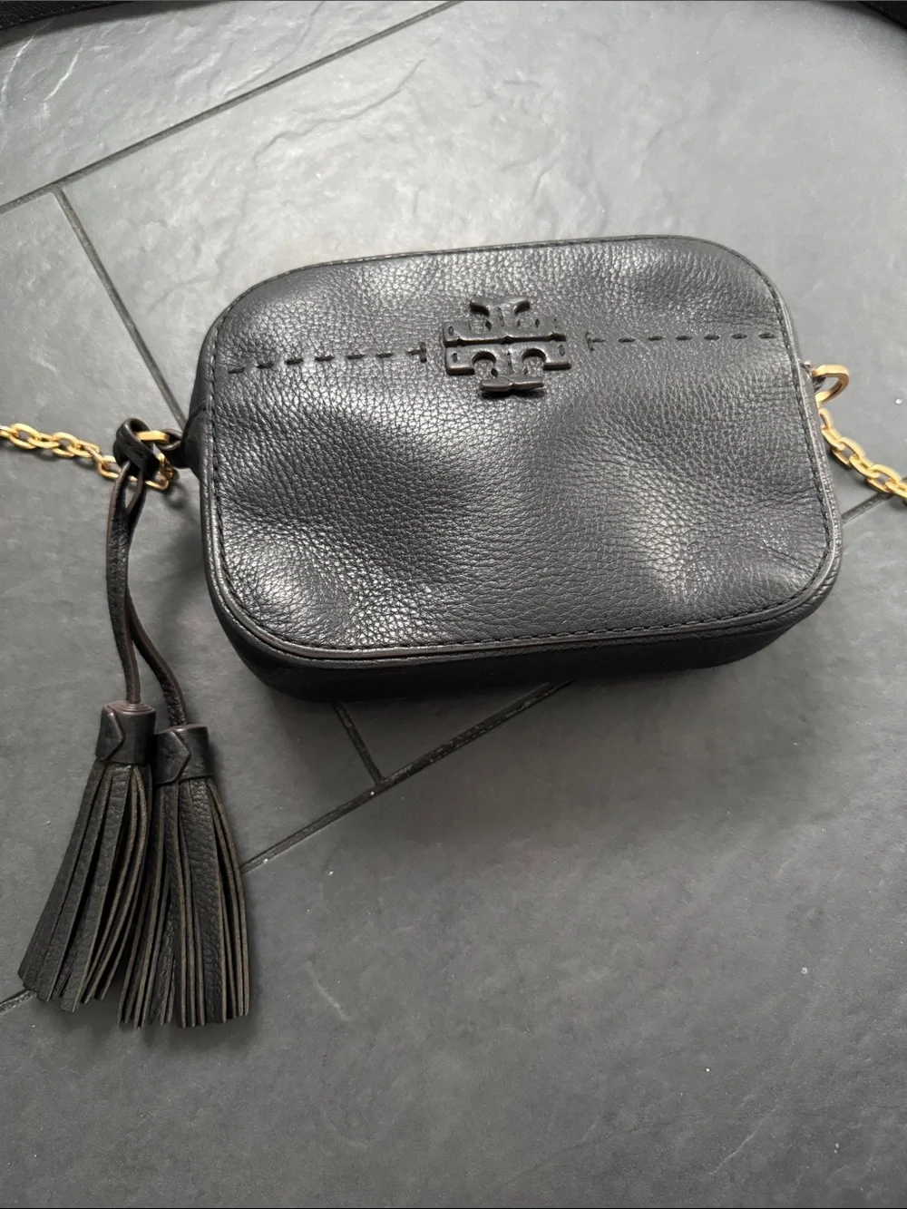 Tory Burch Black Pebbled Leather Crossbody with Tassel and Gold Chain